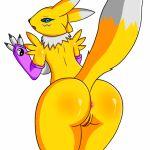  1girl against_wall anthro anus arm_warmers armwear armwear_only ass big_ass breasts cleft_of_venus clothing digimon digimon_tamers fox_girl fox_tail furry furry_female genitals horny looking_at_viewer looking_back looking_back_at_viewer nude pussy renamon seductive simple_background two_tone_body tylertmk white_background white_body yellow_body 