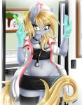  2014 amber_eyes anthro blonde_hair breasts cleavage clothed clothing derpy_hooves_(mlp) doctor equine female friendship_is_magic fur furry gloves grey_fur hair hat horse inside jacket knifeh latex_gloves legwear long_hair looking_at_viewer mammal my_little_pony painting panties pony shirt skirt solo standing stethoscope stockings syringe underwear wide_hips 