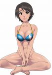  1_girl 1girl absurd_res aoshima_yuuko arm arms art babe bare_shoulders big_breasts bikini_top black_hair bottomless breasts brown_eyes brown_hair cholesenel cleavage clenched_hand clenched_hands collarbone covering covering_crotch covering_pussy crossed_legs dark_skin feet female high_res highres legs legs_crossed lips lipstick looking_at_viewer makeup monkey_turn navel neck shiny shiny_hair shiny_skin short_hair sitting smile solo v_arms wet white_background yuuko_aoshima 