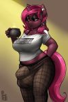  2014 anthro big_breasts bow breasts bulge cauldroneer charlotte clothing cup ear_piercing equine freckles furry futanari hair half-closed_eyes holding horn horse long_hair looking_away mammal my_little_pony original_character pants phurie piercing pink_eyes pink_hair pink_skin pony shirt solo standing unicorn 