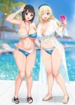  2_girls :d ;d aqua_eyes atago_(kantai_collection) bandeau beret bikini blonde_hair blue_bikini blush breasts brown_hair cellphone cleavage full_body hat kantai_collection kusaka_souji large_breasts long_hair multi-strapped_bikini multiple_girls navel one_eye_closed open_mouth phone red_eyes sandals see-through selfpic short_hair smartphone swimsuit takao_(kantai_collection) thighs v water wink 