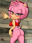  1girl 1girl absurd_res amy_rose ass big_ass big_breasts breasts butt_focus clothed clothed/nude clothing dat_ass green_eyes hair half-closed_eyes high_res looking_at_viewer narrowed_eyes nude pink_hair pinup pose sega sirjzau sonic_the_hedgehog_(series) wall_(structure) 