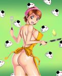  ass big_breasts bottomless breasts chacrawarrior cooking cooking_mama female food looking_at_viewer looking_back mama_(cooking_mama) milf naked_apron nintendo onigiri solo 