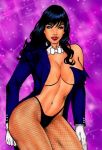  1girl art babe bare_shoulders big_breasts black_hair black_panties bowtie breasts cleavage dc_comics dc_universe dcau detached_collar fabio female fishnet_pantyhose fishnets gloves hand_on_leg jacket lips lipstick long_hair long_sleeves looking_at_viewer magician makeup neck off_shoulder open_clothes panties pantyhose purple_background red_lipstick smile solo sparkle standing suit undressing white_gloves winchester01 zatanna zatanna_zatara 