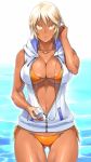  anime bikini blonde_hair breasts dark_skin ecchi headphone hoodies pool wet 