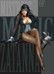  1_girl 1girl animal arm_support art big_breasts black_hair black_high_heels blue_eyes bowtie breasts bunny character_name crossed_legs dc dc_comics dc_universe dcau detached_collar female gloves hat hat_removed high_heels holding holding_hat jacket large_breasts legs legs_crossed leotard lips lipstick long_hair looking_at_viewer magician makeup pantyhose red_lipstick shoes sitting smile solo strapless suit top_hat wand white_gloves yama_orce zatanna zatanna_zatara 