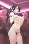  1girl 1girl 2boys bangs big_breasts black_hair blurry blush bra breasts cleavage clothing floral_print hair_ornament hair_ribbon high_resolution hiiragi_yuuichi indoors long_hair looking_at_viewer male multiple_boys nipples open_mouth original panties parted_bangs parted_lips ponytail pubic_hair purple_eyes pussy ribbon sailor_collar shiny shiny_hair shirt sidelocks solo_focus tied_hair underwear undressing very_long_hair white_bra white_panties white_ribbon white_shirt white_underwear 