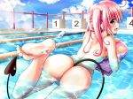  1girl :d ass barefoot chain-link_fence cloud demon_tail fang feet from_behind kickboard lane_line long_hair looking_back nana_asta_deviluke nude open_mouth outside partially_submerged pink_eyes pink_hair pool pov_feet sideways_mouth smile soles spade_tail starting_block sunbeam sunlight swimming tail to_love-ru to_love-ru_darkness toes twin_tails xyomouse 
