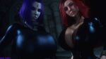  1girl 1girl 2_girls 3d agents_of_shield big_breasts black_widow breasts cambion clothing crossover dc_comics dc_comics demon demon_girl drakepowers female_focus female_only forehead_jewel grey_skin half_demon hourglass_figure huge_breasts human humanoid looking_at_viewer lower_body marvel marvel_comics purple_hair raven_(dc) red_hair shirt spy superhero superheroine teen_titans thick_legs thick_thighs thighs upper_body wide_hips 
