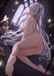  1girl 1girl bare_legs barefoot big_breasts breasts bug butterfly butterfly_hair_ornament commission commissioner_upload echidna_(re:zero) feet glowing_butterfly green_butterfly hair_ornament high_resolution large_filesize legs long_hair looking_at_viewer looking_back nev_(nevblindarts) re:zero_kara_hajimeru_isekai_seikatsu silver_hair soles striped toes vertical_stripes very_high_resolution very_long_hair white_eyelashes white_hair 