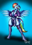  animal blush breasts cutie_mark equine friendship_is_magic horse large_breasts mammal my_little_pony pegasus pony rainbow_dash rainbow_hair solo standing suirano wide_hips wings 