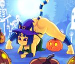  1girl animal_crossing ankha anklet anthro apron apron_only areola ass athletic athletic_female blue_hair blushi_0 bracelet breasts bubble_butt cat_ears cat_tail down_blouse eyeshadow female_only full_body fur furry halloween hourglass_figure jack-o&#039;-lantern jack-o_pose looking_at_pussy makeup meme naked_apron nintendo nipple_slip nipples pumpkin short_hair small_breasts split starbucks witch_hat yellow_fur 