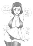 1girl 2018 big_breasts biting_lip breasts busty callmepo cleavage dated dc_comics dcau female female_focus female_only female_solo forehead_jewel huge_breasts lip_biting looking_at_viewer monochrome navel not_furry pinupsushi raven_(dc) solo solo_female solo_focus speech_bubble standing stockings teen_titans uncensored