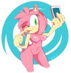   1girl amy_rose ass big_ass breasts female green_eyes marthedog nipples one_eye_closed phone pink_hair pink_skin sega selfpic solo sonic_(series) thigh_gap tongue tongue_out video_games  