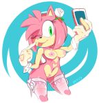   amy_rose ass big_ass breasts flower gloves green_eyes hearts lingerie marthedog nipples no_panties one_eye_closed phone pink_hair pink_skin sega selfpic sonic_(series) thigh_gap thighhighs topless video_games white_clothes white_gloves white_lingerie  