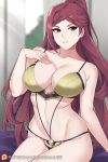  1girl aslindsamure bare_shoulders bikini blurry blurry_background breasts cleavage fire_emblem fire_emblem_heroes hand_on_own_chest large_breasts loki_(fire_emblem) long_hair looking_at_viewer navel on_bed parted_lips purple_eyes purple_hair sitting smile swimsuit 