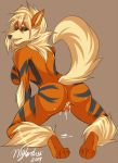  2014 after_sex all_fours anthro arcanine ass bedroom_eyes blonde_hair breasts canine cum cum_in_pussy cum_inside cum_on_pussy fang female from_behind looking_at_viewer myloveless open_mouth pokemon pussy smile solo stripes uncensored video_games 