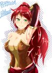  1_girl 1girl arm arm_behind_head arm_up armlet armpits arms art babe bare_shoulders belt big_breasts blush bompay breasts character_name cleavage collar corset elbow_gloves forehead_protector gloves green_eyes high_res highres large_breasts looking_at_viewer midriff neck ponytail pyrrha_nikos red_hair redhead rwby shiny shiny_hair shiny_skin smile solo strapless tiara very_long_hair white_background 