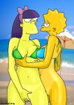  embrace lisa_simpson on_beach panties_off photo_background sherri_mackleberry the_simpsons yellow_skin 