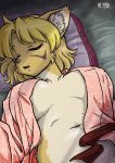 al_(ryou) bed blush breast_grab breast_squeeze breasts canine clothing dog female fur furry gif hair looking_at_viewer lying mammal navel nipples on_back open_shirt original pillow ryou shirt sleeping solo sweat 