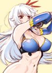  1girl blue_gloves breasts cleavage elbow_gloves eleonora_viltaria erect_nipples female gloves hair_ornament large_breasts long_hair madan_no_ou_to_vanadis navel red_eyes sketch solo toned ueyama_michirou upper_body white_hair yellow_background 
