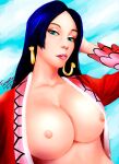  1girl alluring areola arm_up artist_name big_breasts blue_eyes boa_hancock breasts dark_hair earrings exposed_breasts fadart long_hair looking_at_viewer mostly_nude nipples one_piece open_robe robe sexy slut stomach 