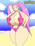 beach big_breasts breast_expansion breasts green_eyes igphhangout lovrina lovrina_(pokemon) maebari pasties pink_hair pokemon pokemon_xd sling_bikini solo swimsuit