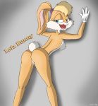  1girl ass bent_over blue_eyes bunny come_hither gloves hair_ribbon lola_bunny looking_at_viewer looking_back looney_tunes nipples nude open_mouth orange_fur presenting presenting_hindquarters pussy pussy_juice rabbit smile space_jam tail yellow_hair 