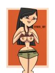  1girl artist_name asian asian_female black_hair breasts cartoon_network heather_(tdi) inverted_nipples lifted_by_self looking_at_viewer navel nipples red_tank_top shorts solo_female tank_top tank_top_lift tdkai_art total_drama total_drama_island 