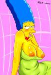  1girl breasts clothed clothing delta26 exposed_breasts female female_only huge_breasts large_breasts marge_simpson nipples pink_background seductive sweat teasing the_simpsons whoa_look_at_those_magumbos yellow_skin 