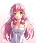  1_girl absurd_res akashi_(kantai_collection) alternate_costume bare_shoulders big_breasts blush breasts bridal_veil cleavage dress elbow_gloves female gloves green_eyes hair_ribbon high_res kantai_collection long_hair looking_at_viewer md5_mismatch neck petals pink_background pink_hair ribbon sakimiya_(inschool) simple_background smile solo strapless strapless_dress veil wedding_dress white_gloves 