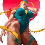  1girl abs ahoge arms beret biceps big_breasts blonde blue_eyes braid breasts british cammy_white capcom caucasian clothed curvy from_below hand_on_cheek highleg_leotard legs leotard long_hair looking_at_viewer muscle muscular_female muscular_thighs scar sexy skin_tight slut standing street_fighter tattoo thick_thighs twin_braids wide_hips x3 