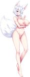 1girl animal_ear_fluff animal_ears bangs barefoot blue_eyes breasts completely_nude eyebrows_visible_through_hair feet fox_girl fox_tail full_body hair_over_one_eye hair_rings high_resolution huge_breasts jewel_(the_black_canvas) kitsunemimi lulu_(one_shota_one) medium_hair missing_vagina navel nipples nude official_art one_shota_one open_mouth tail transparent_background white_hair