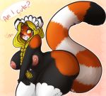  2014 anthro areola ass big_ass big_breasts blonde_hair blush breasts chubby english_text female fluffy_tail furry hair heart long_hair maid maid_uniform mammal nipples pink_nipples red_panda smile tehbuttercookie text wide_hips yellow_eyes 