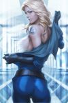  1girl artgerm blonde blonde_hair blue_eyes bodysuit butt catsuit fantastic_four female female_only invisible_woman looking_at_viewer looking_over_shoulder marvel no_bra solo standing stanley_lau sue_storm tattoo topless undressing 