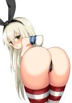 1girl ass bare_shoulders bent_over black_panties black_underwear blonde_hair blush breasts cowboy_shot elbow_gloves female_only female_solo from_behind gloves hair_between_eyes hairband kantai_collection long_hair looking_at_viewer looking_back nipples nose_blush panties shimakaze_(kantai_collection) simple_background small_breasts stockings striped striped_legwear striped_thighhighs thong toshishikisai underwear white_background white_gloves