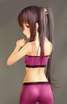  1_girl 1girl adjusting_hair aki99 arm arms art ass back bare_shoulders black_hair female grey_background high_res highres long_hair looking_at_viewer looking_back midriff mouth_hold original red_eyes simple_background solo sports_bra strapless tubetop twintails 