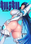 1girl artist_name ass black_hair blue_eyes breasts clothes copyright_name darkereve darwin_nunez female female_only from_behind gloves highres hips huge_ass junketsu katana kill_la_kill kiryuuin_satsuki large_ass lips long_hair looking_at_viewer looking_back round_ass sideboob simple_background skindentation solo solo_female sword text very_long_hair weapon wide_hips