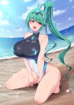 1girl alluring bangs barefoot beach big_breasts blue_sky blush breasts cloud competition_swimsuit day earrings eyebrows_visible_through_hair fusion gem green_eyes green_hair hair_ornament headpiece high_res jewelry kneel long_hair looking_at_viewer matching_hair/eyes nintendo ocean one-piece_swimsuit open_mouth outside pneuma_(xenoblade) ponponmaru ponytail sand sky smile spoilers sunlight swept_bangs swimsuit tiara very_long_hair voluptuous wet xenoblade_(series) xenoblade_chronicles_(series) xenoblade_chronicles_2