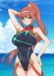 1girl alluring alternate_costume big_breasts bikini competition_swimsuit cosplay glimmer_(xenoblade) groin hand_on_own_hip hands_on_own_hips high_res highleg long_hair nintendo one-piece_bikini one-piece_swimsuit ponytail pyra_(xenoblade)_(cosplay) red_eyes sleeveless sleeveless_turtleneck swimsuit turtleneck very_long_hair xenoblade_(series) xenoblade_chronicles_3 yellow_eyes はた