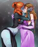 2_girls alluring brown_hair closed_eyes colored_skin dress front_ponytail hands_on_another&#039;s_face high_res kissing leaning_forward midna midna_(true) mina_cream multicolored_skin multiple_girls neon_trim nintendo orange_hair pink_dress pointy_ears princess_zelda the_legend_of_zelda the_legend_of_zelda:_twilight_princess thighs twili_midna two-tone_skin yuri