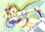  1_girl arm armband arms art babe bare_legs bare_shoulders blue_eyes blush boots breasts cleavage elbow_gloves female frog_hair_ornament gloves green_hair hair_between_eyes hair_ornament happy kochiya_sanae legs long_hair looking_at_viewer midriff mouth navel neck open race_queen salute skirt smile snake_hair_ornament solo star stockings strapless the-ta touhou tubetop umbrella velt white_boots wristband 