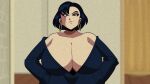  1girl animated black_hair bouncing_breasts breasts cleavage clothes earrings english_text female_focus gigantic_breasts glassfish highres huge_breasts indoors interior jewelry lei_(coloredyiddies) looking_at_viewer medium_hair open_mouth original piercing serious solo tagme video webm 