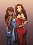  2_girls 2girls alcohol alternate_hairstyle arms asami_sato ass avatar:_the_last_airbender back backless bangle bare_back black_hair blue_dress blue_eyes blush bracelet breasts brown_hair choker cocktail cocktail_dress dark-skinned_female dark_skin dimples_of_venus dress drink earrings eyeshadow female female/female female_only formal from_behind glass green_eyes grin hair_between_eyes hair_down hair_ornament hair_tubes hairclip hand_on_hip high_res highres holding iahfy interracial jewelry k-y-h-u korra lips lipstick long_hair looking_at_viewer looking_back makeup multiple_girls mutual_yuri neck necklace nose off-shoulder_dress open-back_dress pendant red_dress shawl side_slit smile strapless strapless_dress teeth the_legend_of_korra the_legend_of_korra* toned yuri 