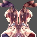  1girl 2girls amane_ruri animal_ears art babe back-to-back bare_shoulders big_breasts bow bowtie breasts brown_eyes brown_hair bunny_ears bunnysuit detached_collar fake_animal_ears female grey_background hair long_hair multiple_girls neck original simple_background strapless symmetry 