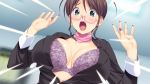 1girl big_breasts blue_eyes blush bra breasts brown_hair cleavage female funny shiny shiny_skin short_hair solo surprise teacher twin_tails wardrobe_malfunction 