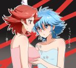  2girls angry arm arms art artist_request babe bare_shoulders big_breasts blue_dress blue_eyes blue_hair blush breast_envy breast_grab breast_hold breasts collarbone crossover cure_southern_cross dress earrings eye_contact flipped_hair grabbing hair hair_ornament happinesscharge_precure! jewelry looking_at_another messy_hair multiple_girls neck nishijima_waon parted_lips pink_dress precure red_eyes red_hair shaded_face shiny shiny_hair shiny_skin short_hair small_breasts strapless strapless_dress suite_precure sweat sweatdrop text translation_request yuri 