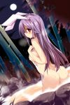  1girl animal_ears ass bamboo bamboo_forest big_breasts blush breasts bunny_ears forest full_moon high_res long_hair looking_at_viewer looking_back matsuri_uta moon nature nude onsen partially_submerged purple_hair red_eyes reisen_udongein_inaba solo steam touhou towel water wet 