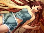 1girl bare_shoulders bed bed_sheet blush breasts brown_hair dutch_angle female game_cg ino_(magloid) izayoi_no_hanayome kiryuu_iyori long_hair looking_at_viewer lying navel on_back open_mouth pajamas pointy_ears red_eyes shorts solo strapless very_long_hair