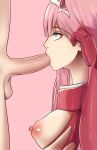 1boy 1girl blue_eyes breasts breasts_out_of_clothes darling_in_the_franxx fellatio hetero high_resolution male nipples oral penis pink_hair simple_background theatko torn_clothes zero_two_(darling_in_the_franxx)